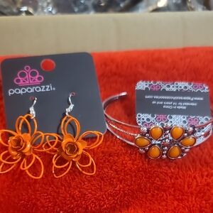 Paparazzi Orange Floral Earrings and Bracelet Set